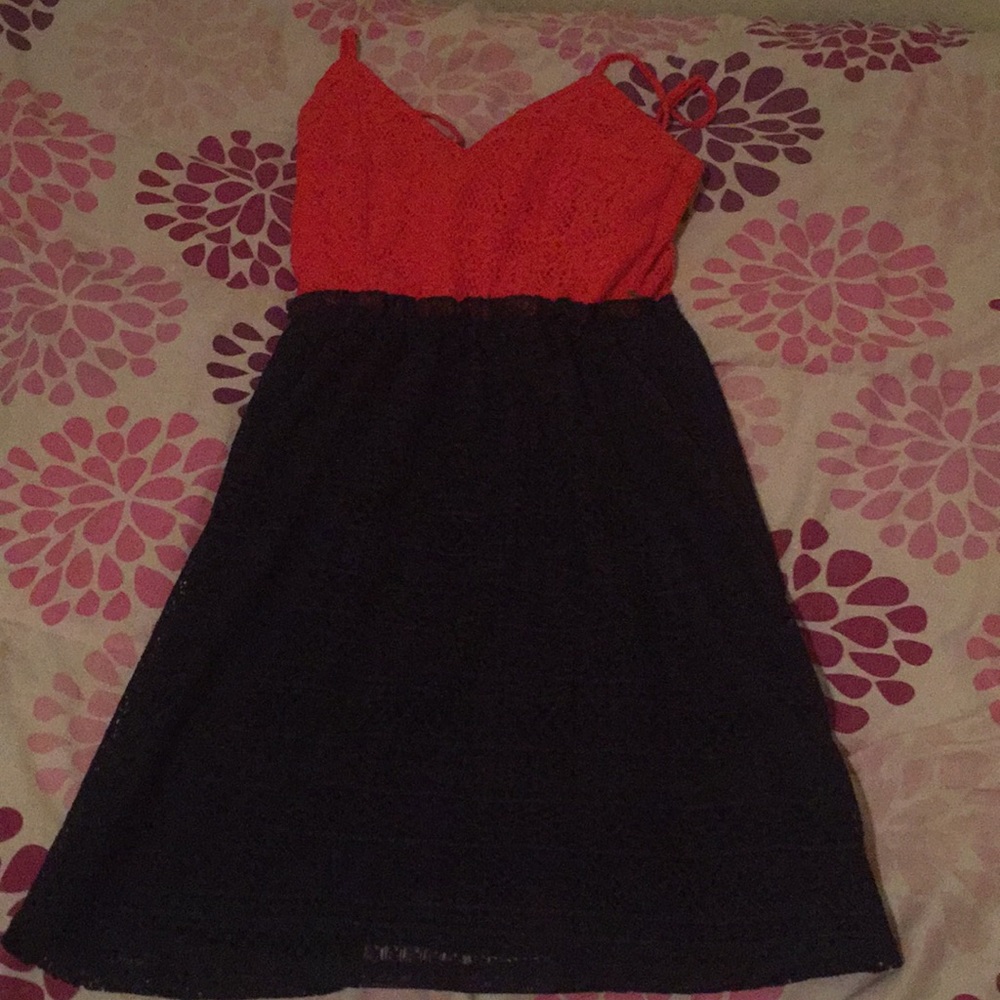 A navy blue and bright red dress